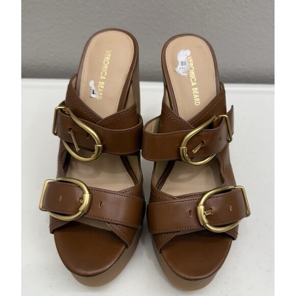 New Veronica Beard Heels Size 7 Garrick Platform Hazelwood Leather Sandals - Picture 2 of 8